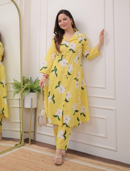 A-line Yellow Jaipuri Printed Co-ord set