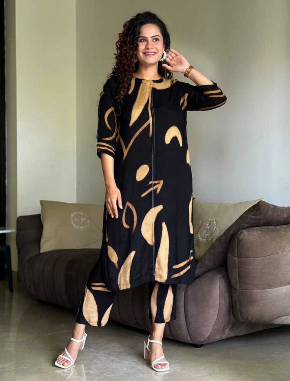 Designer Golden Black Printed Co-ord Set