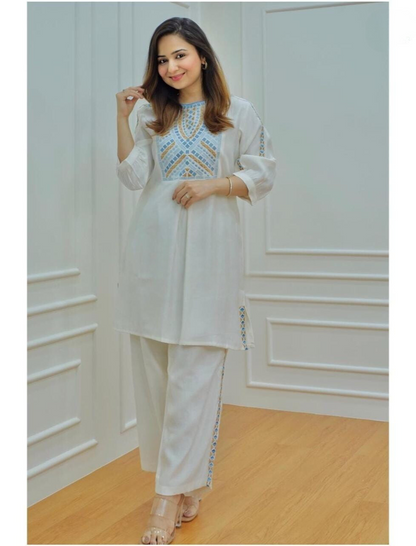 Premium White Woven Embroidered Co-ord Set