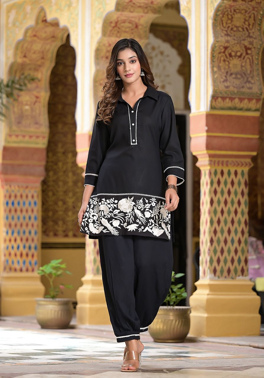 Stylish Black Embroidery Printed Co-ord Set