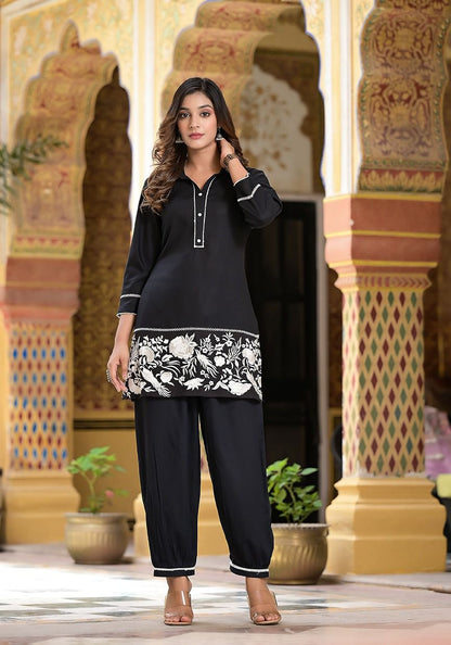 Stylish Black Embroidery Printed Co-ord Set