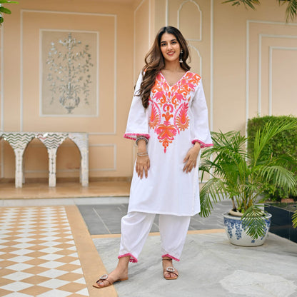 Designer White Long Embroidered Co-ord set