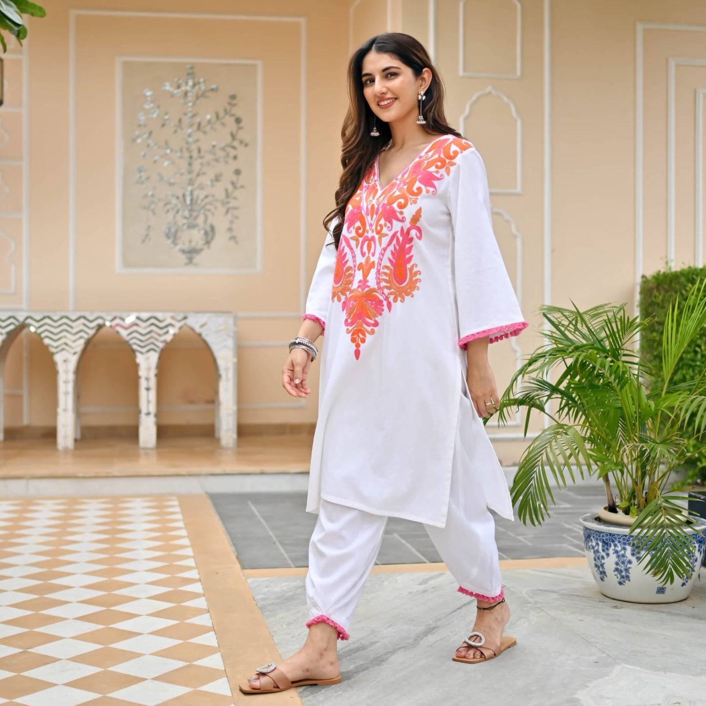 Designer White Long Embroidered Co-ord set