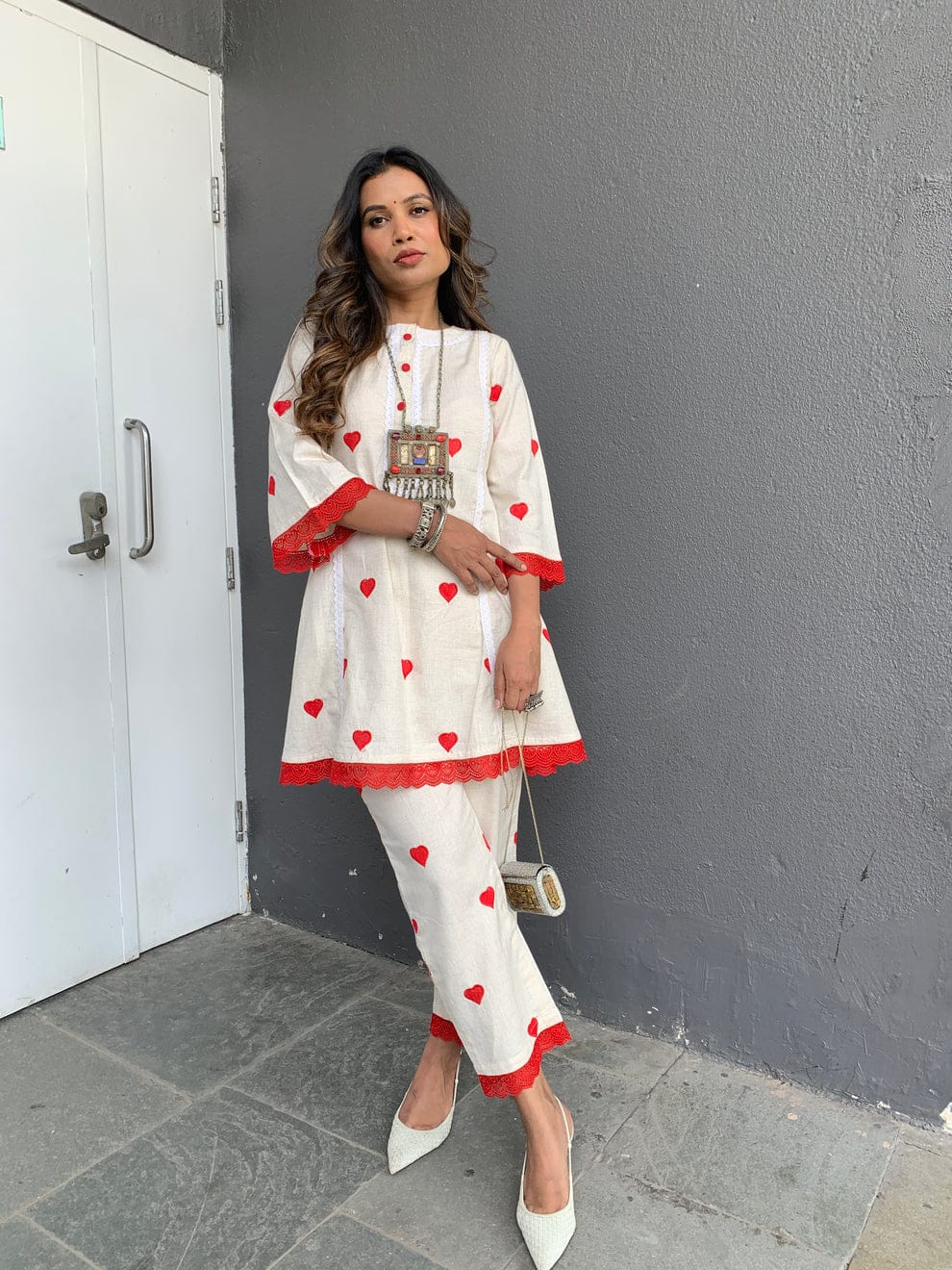 Designer Red & White Printed Co-ord Set