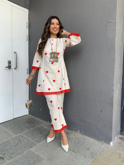 Designer Red & White Printed Co-ord Set