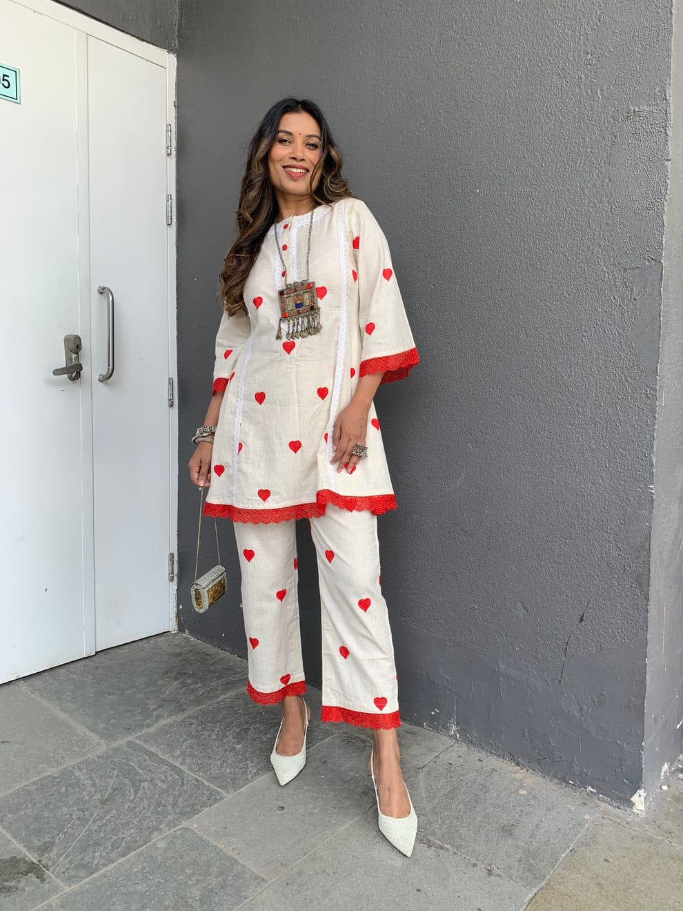 Designer Red & White Printed Co-ord Set