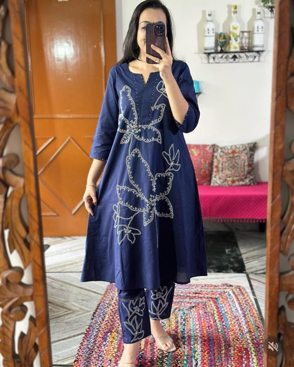 A-line Indigo Blue Embroidered Co-ord Set