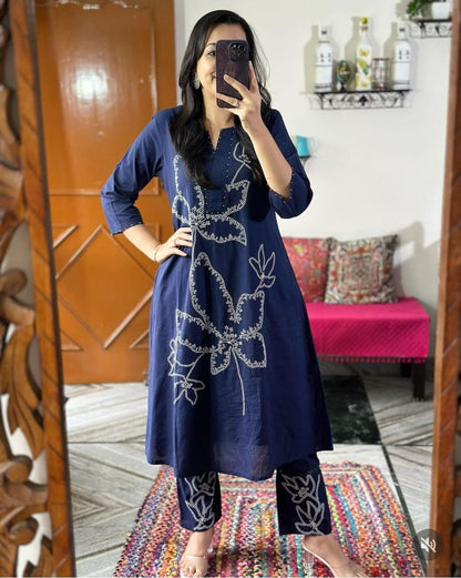 A-line Indigo Blue Embroidered Co-ord Set