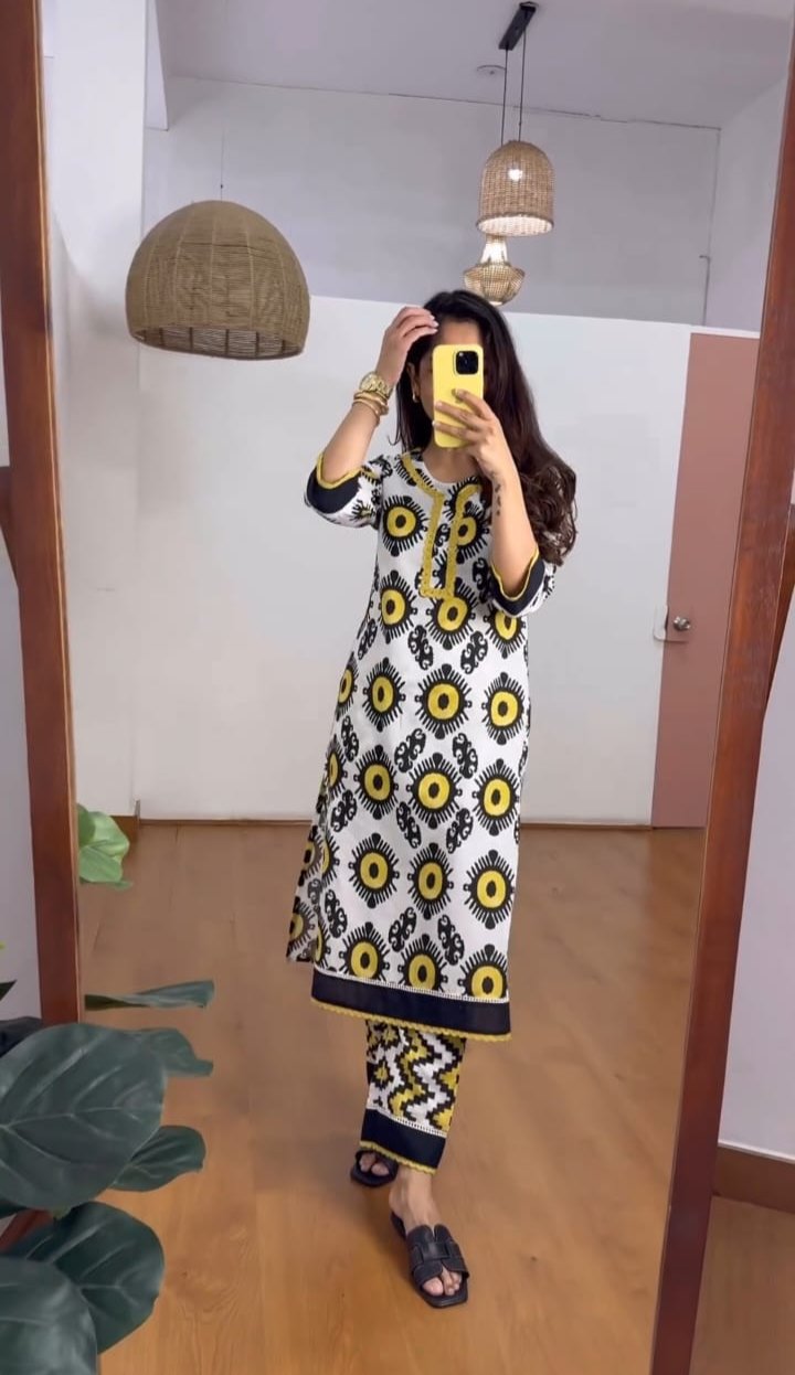 Designer Yellow & White  Printed Co-ord set