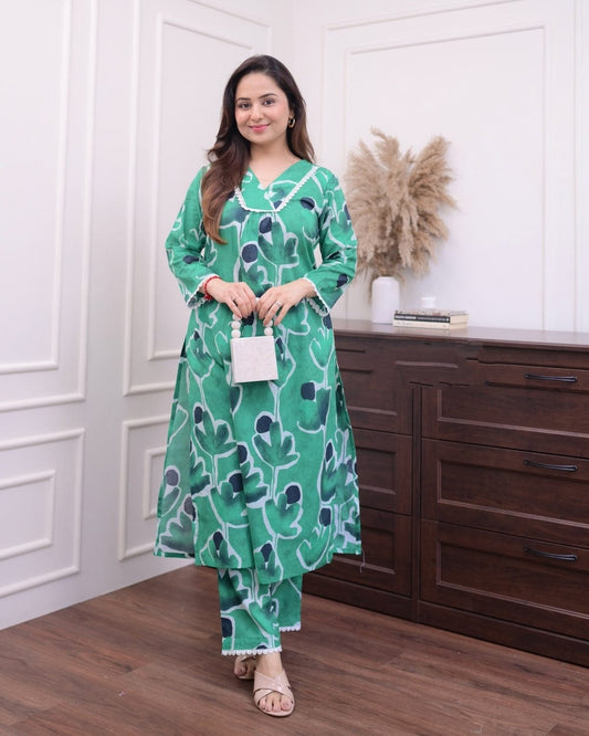 Elegant Green Long Printed Co-ord set