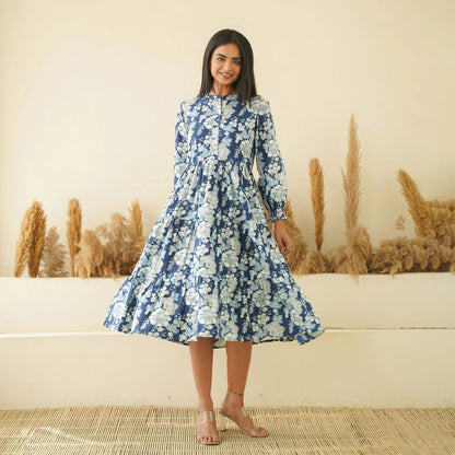 Designer Floral Blue Midi Dress