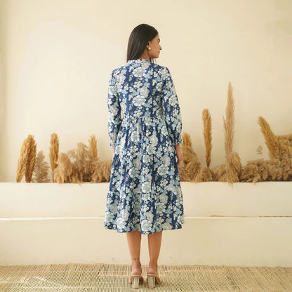 Designer Floral Blue Midi Dress