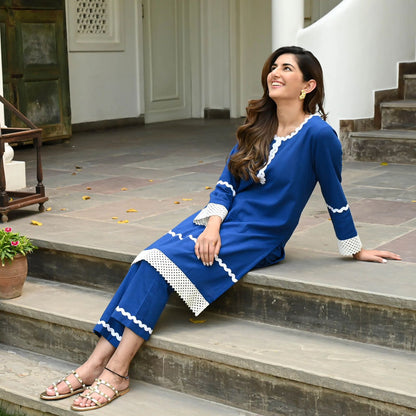 Stylish Blue Embroidered Co-ord Set