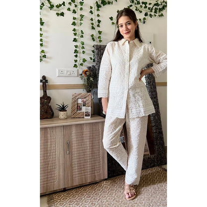 White Chikankari Collar Co-ord Set