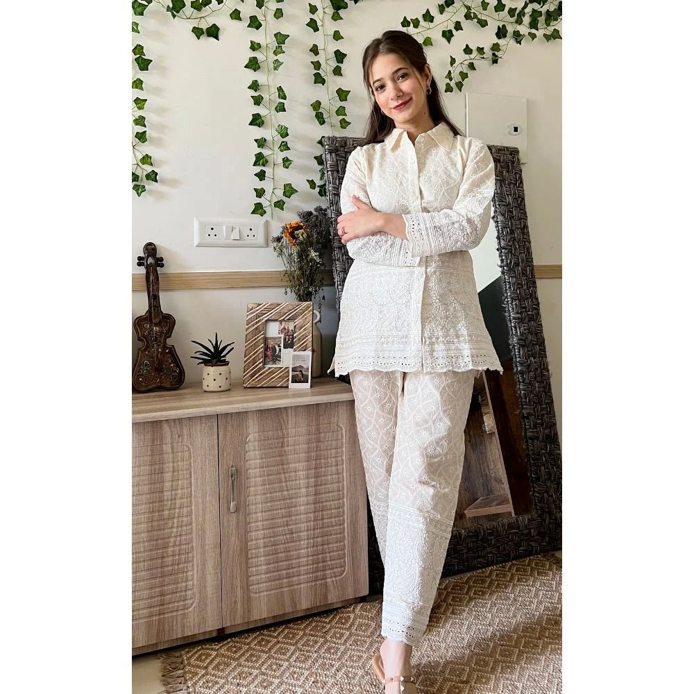 White Chikankari Collar Co-ord Set