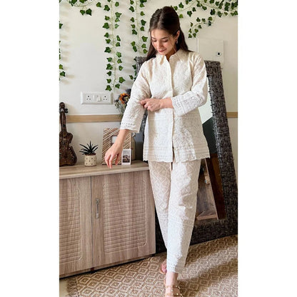 White Chikankari Collar Co-ord Set