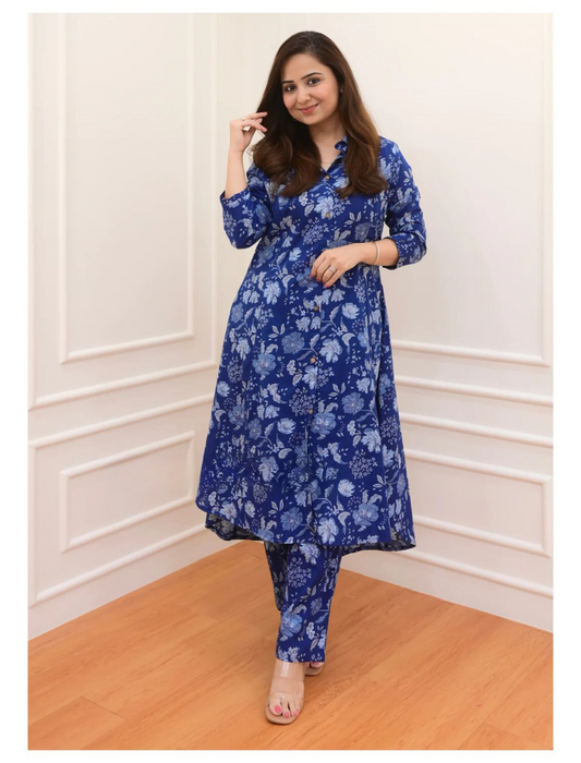 Beautiful Printed Blue Cotton Co-ord Set