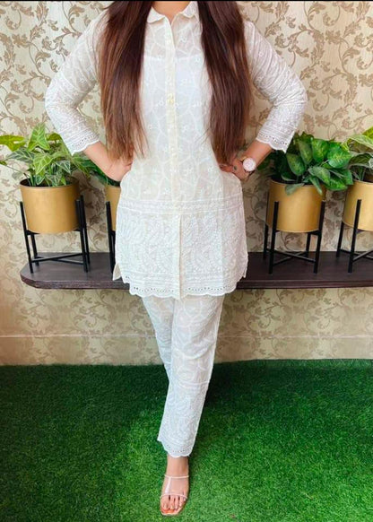 White Chikankari Collar Co-ord Set