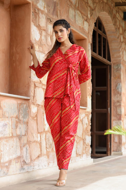 Red Color Lehriya designed co-ord sets