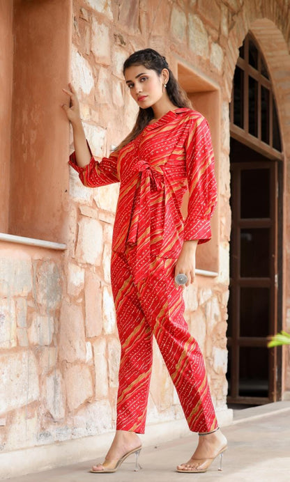 Red Color Lehriya designed co-ord sets