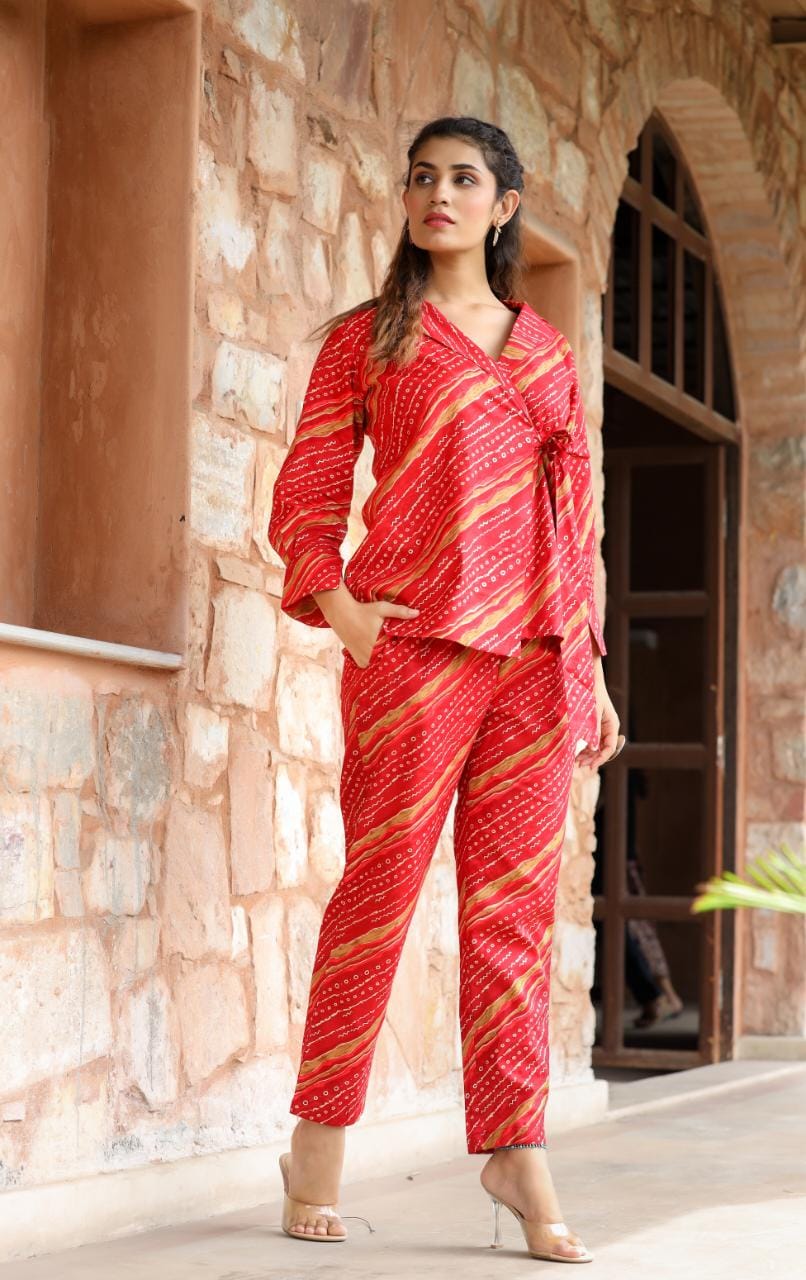 Red Color Lehriya designed co-ord sets