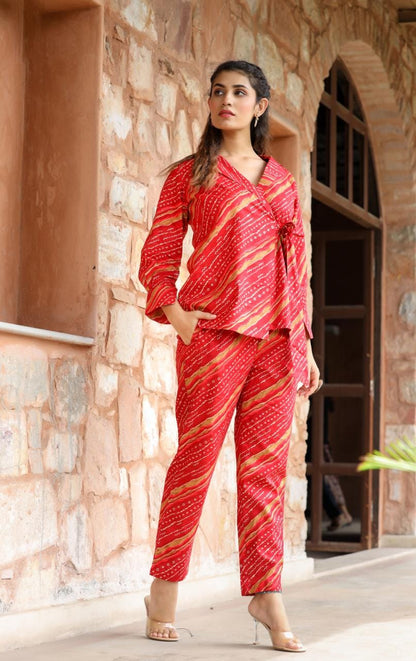 Red Color Lehriya designed co-ord sets