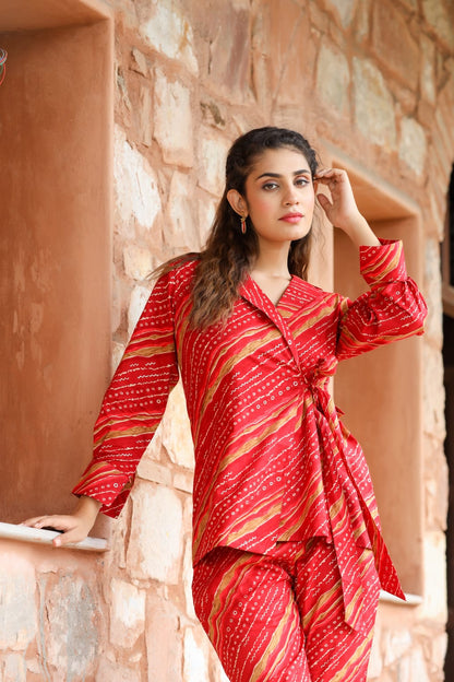 Red Color Lehriya designed co-ord sets