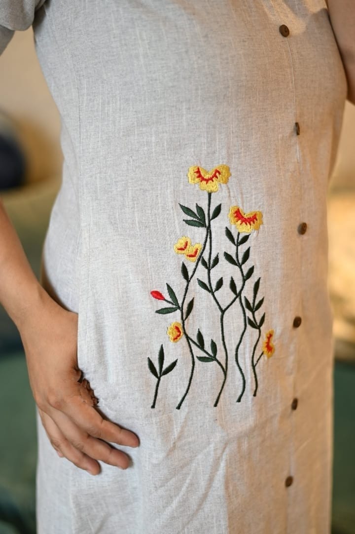 Khadi Cotton Floral Embroidered Dress