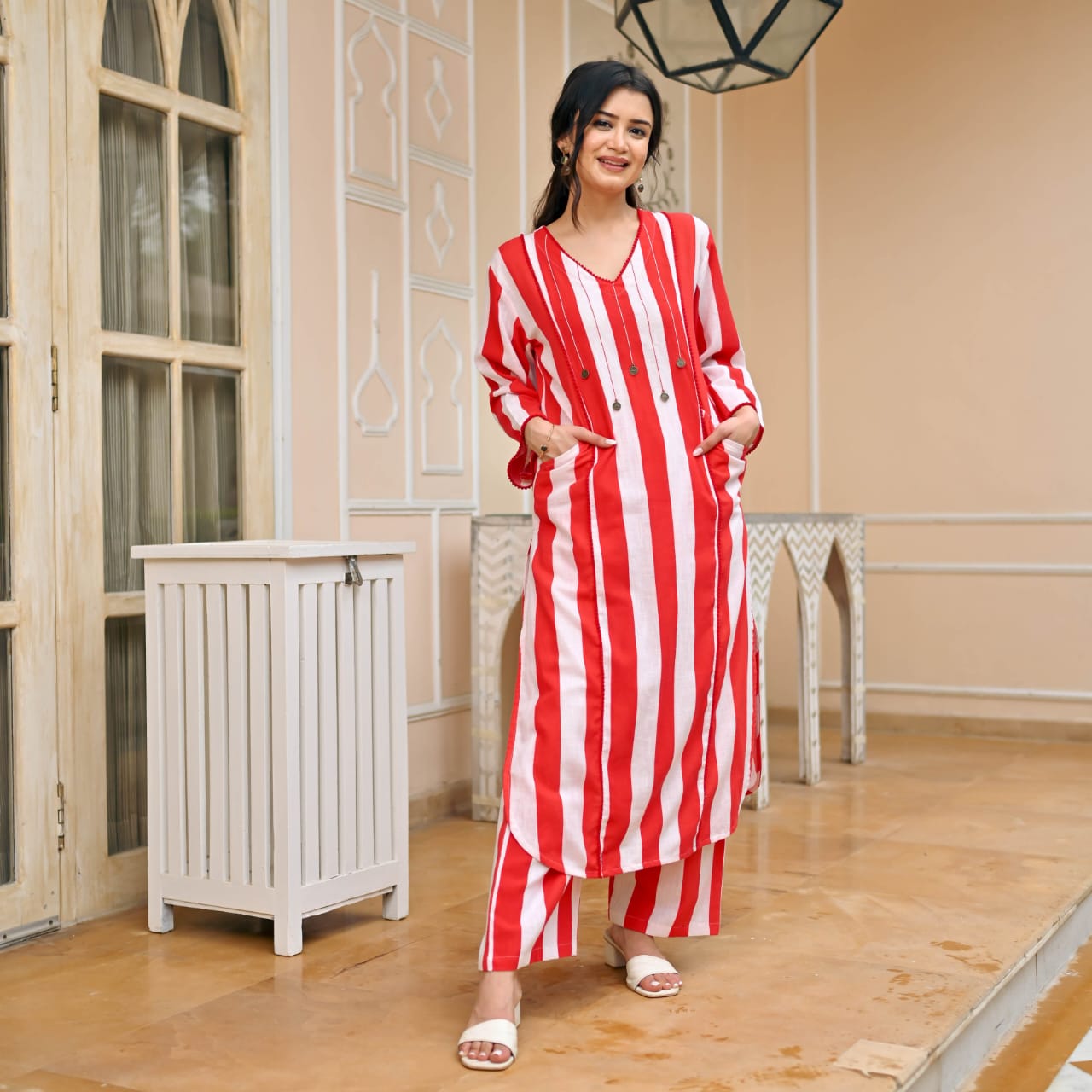 Red & white Soft Kantha Long Co-ord Set