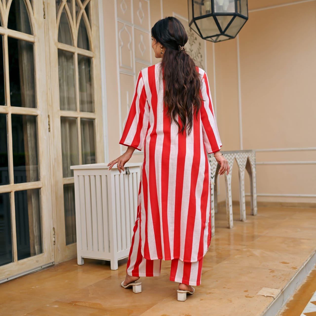 Red & white Soft Kantha Long Co-ord Set